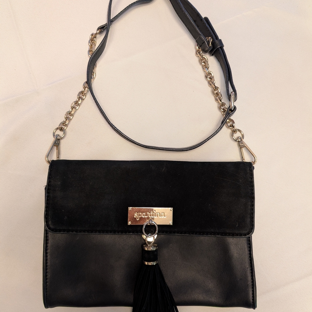 Spartina 449 Crossbody Clutch Purse Black Suede and Leather Gold Convertible Bag